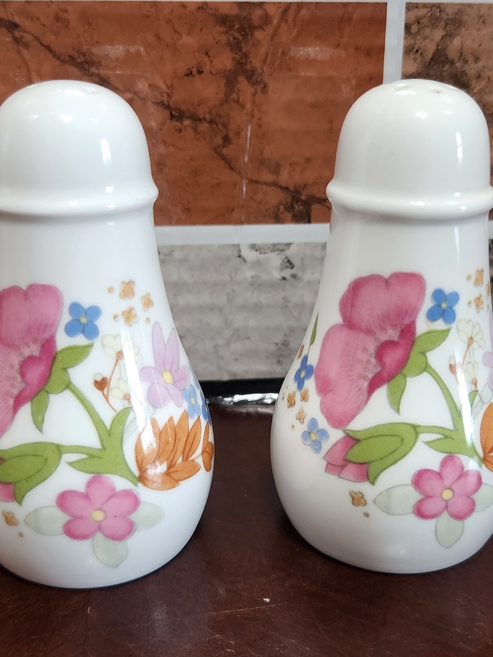 Wedgwood White Porcelain Salt & Pepper Shakers with Pink and Orange Floral Motif